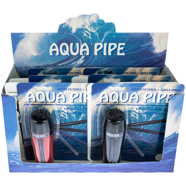 An open 12-piece Aqua Pipe display box wholesale aqua pipes perfect for smoke shops and online headshops