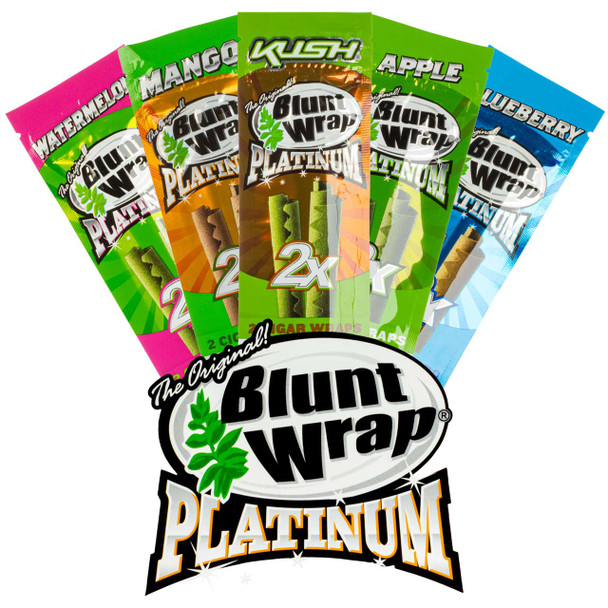 Assorted flavors of Platinum Blunt Wraps fanned out.