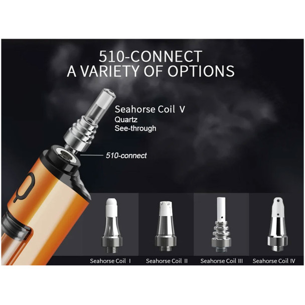 Lookah Seahorse Pro Plus electric nectar collector showing 510 thread compatibility and Seahorse quartz coil options