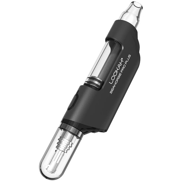 Angled view of Lookah Seahorse Pro Plus black electric nectar collector dab straw showing button and glass airflow chamber