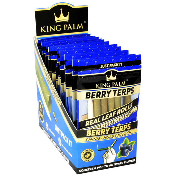 Open display box containing 15 packs of King Palm Berry Terps Mini Rolls.