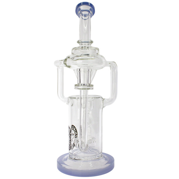 Flying Pig 13-inch clear glass recycler bong with dual uptake recycler, puck percolator, bent neck mouthpiece, and removable 14mm male herb bowl, compatible with a 14mm male quartz banger for concentrates front view.