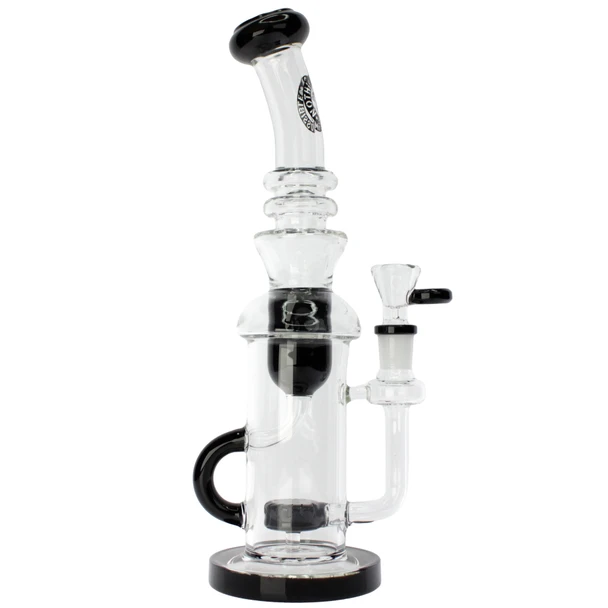 11.5 inch Flying Pig recycler bong water pipe black accents uptake recycler showerhead perc and 14mm bowl with black thumb grip right side