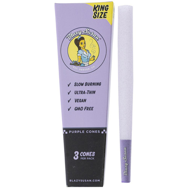 One king size Blazy Susan purple cone next to its package.