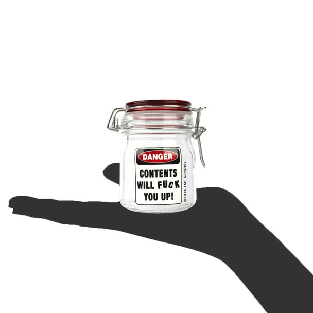  Glass Herb 5 Ounce Stash Jar with Airtight Clamp Lid - Contents Will Fuck You Up, Medium hand size.