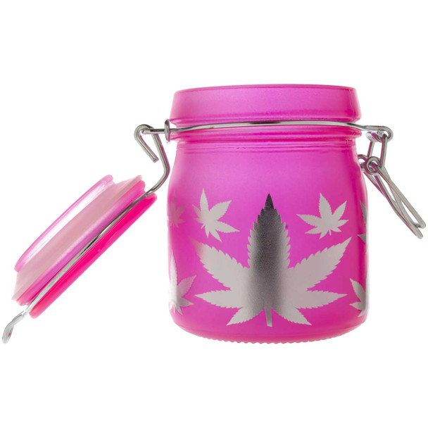 Glass Herb 5 Ounce Stash Jar with Airtight Clamp Lid - Frosted Pink with Silver Leaves, Medium