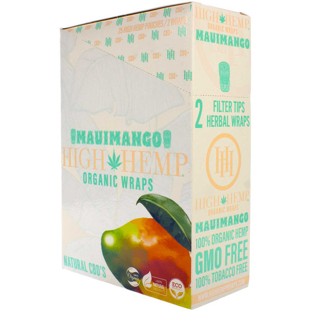 A closed, sealed display box of High Hemp Organic Wraps - Maui Mango.