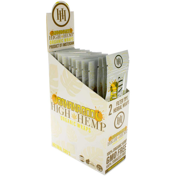 An open display box of High Hemp Banana Goo Hemp Wraps showing the 25 packets it contains.