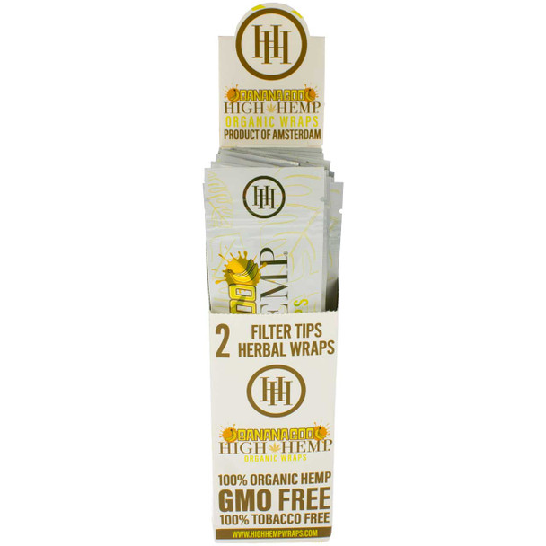 Front view of an open display box containing 25 packs of Banana Goo hemp wraps by High Hemp.