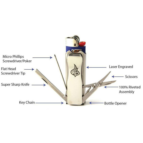 Lighter Bro Silver with all of its tools expanded and labeled.