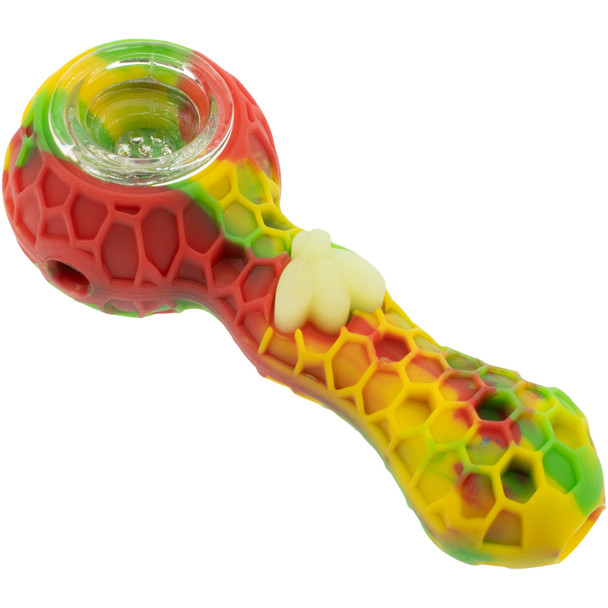 Stratus 4" Silicone Bee Spoon Pipe – Honeycomb Hand Pipe with Glass Bowl – Assorted Colors