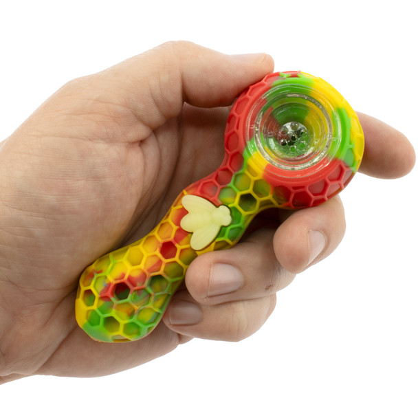 Stratus 4" Silicone Bee Spoon Pipe – Honeycomb Hand Pipe with Glass Bowl – Assorted Colors