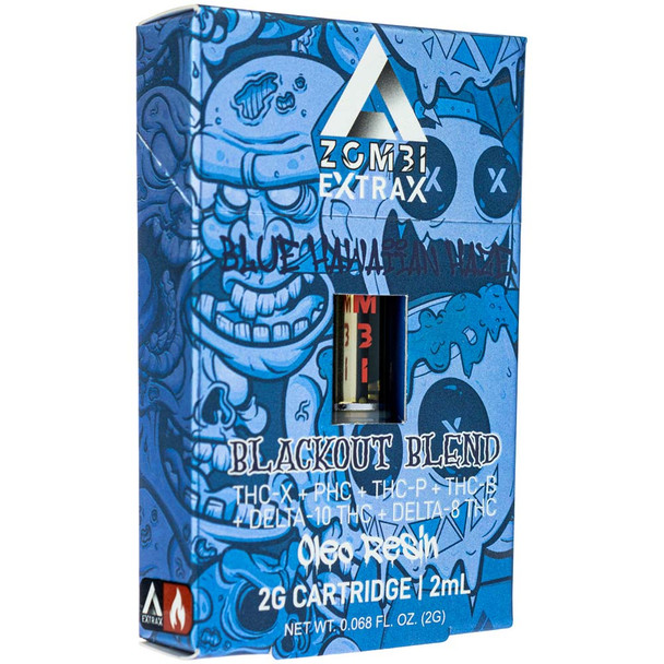 Quarter shot of a boxed Blackout Blend Blue Hawaiian Haze 510 cart.
