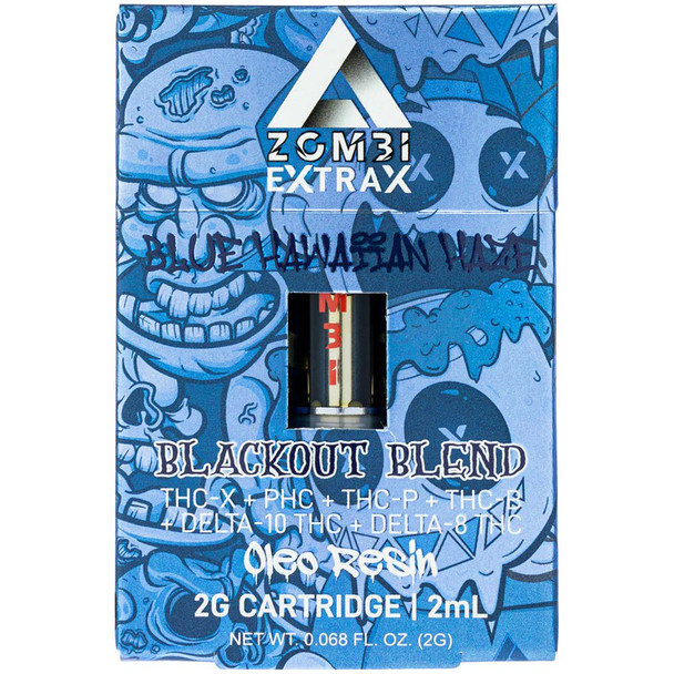 One boxed Zombi Extrax Blue Hawaiian Haze vape cartridge.