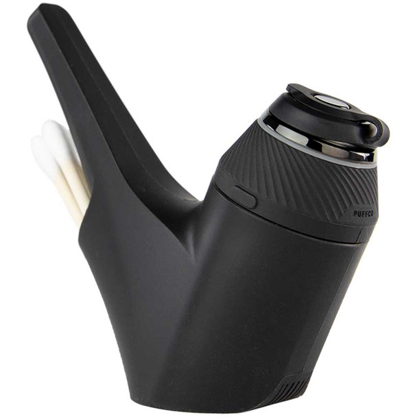 Puffco Proxy black silicone Travel Pipe at a quarter angle with a Proxy Base Unit installed.