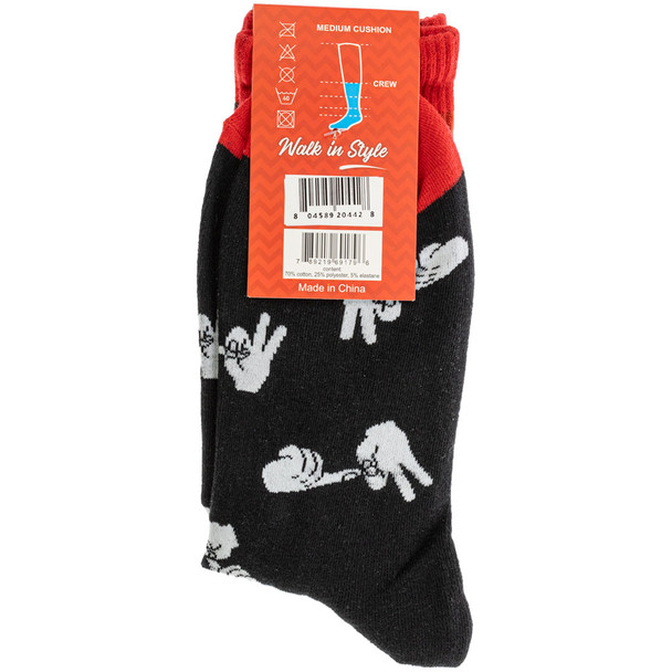 Back of a packaged pair of I Fuck on the First Date crew socks with lewd hand gestures.