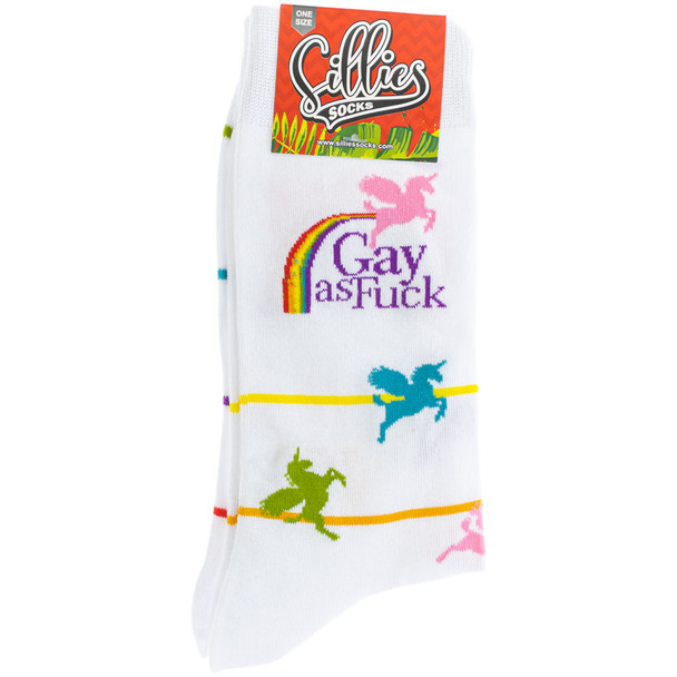 Packaged Gay as Fuck crew socks.