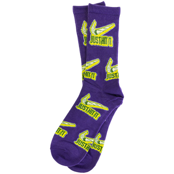 A pair of Just Hit It funny socks for stoners.