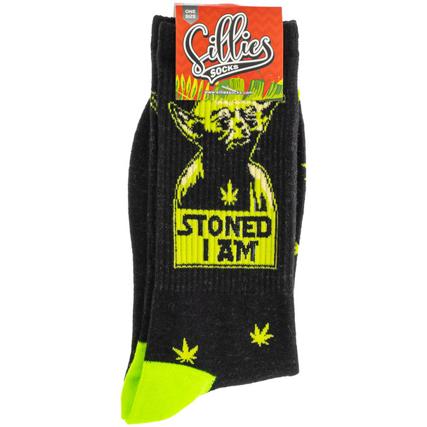Packaged pair of Stoned I Am crew socks.