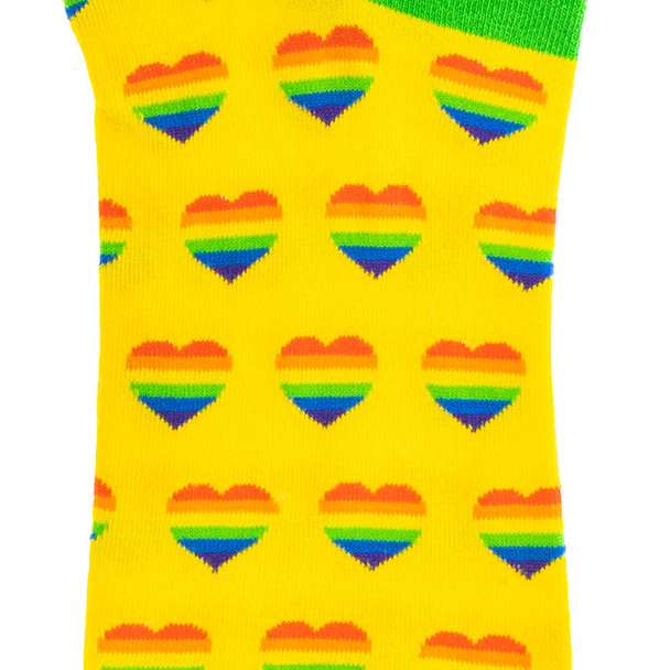 Detailed view of the rainbow heart pattern on Pride Hearts crew socks.