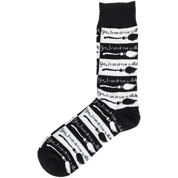 A single I Can Drive a Stick crew sock isolated against white.