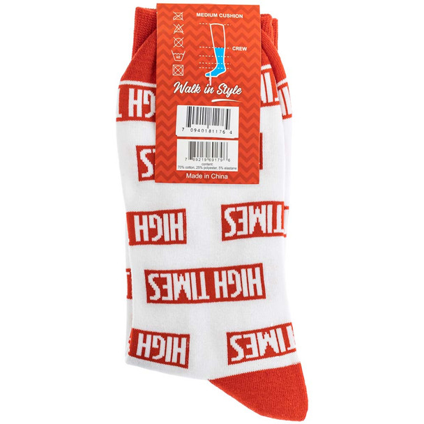 Back of a packaged pair of High Times Logo stoner socks.