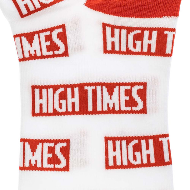 Detailed view of the woven graphics on High Times Logo Crew Socks.