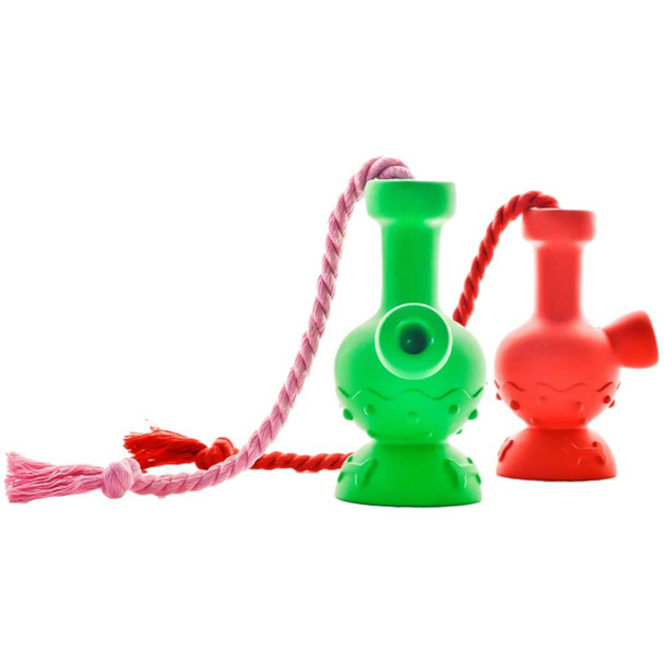 A red and a green Tug & Toke bong-shaped dog chew toy.
