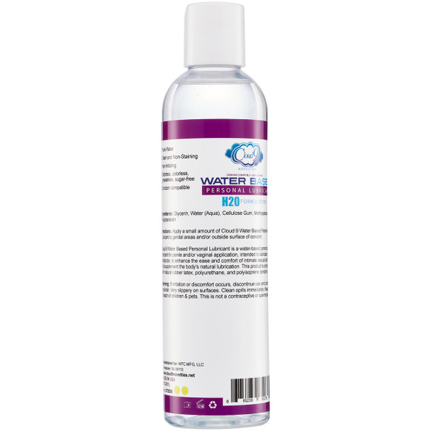 Back of a bottle of Cloud 9 water-based lube.