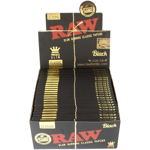 An open display box of RAW Black King Size Slim Rolling Paper.