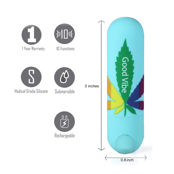 JESSI Super Charged Mini Bullet Vibe - Teal Blue Hemp Leaf Pattern