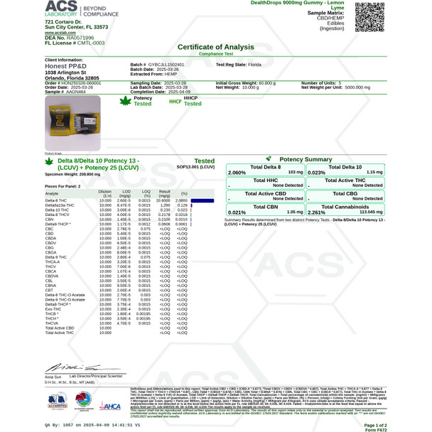 Page 1 of Certificate of Analysis for Zombi [Flavor] Death Drops 2-Pack THC Gummies