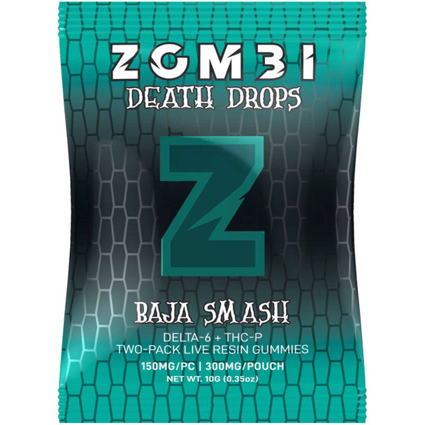 Front of Zombi Baja Smash Death Drops 2-Pack THC Gummies pouch with Live Resin label Front of Zombi Baja Smash Death Drops 2-Pack THC Gummies pouch with Live Resin label