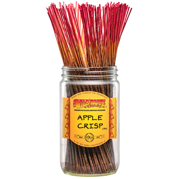 100 Apple Crisp-scented Wild Berry Traditional Incense Sticks in a labeled jar on a white background with their signature red-colored glittery sticks sticking out at the top.