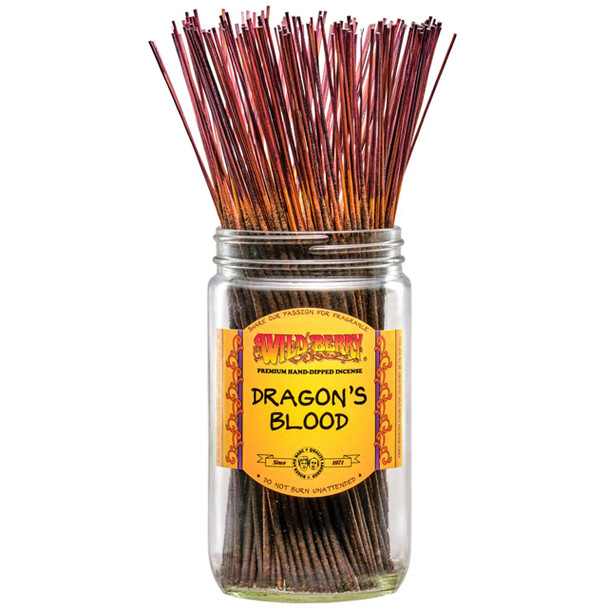 100 Dragon's Blood-scented Wild Berry Traditional Incense Sticks in a labeled jar with their signature deep purple-colored sticks emerging at the top.