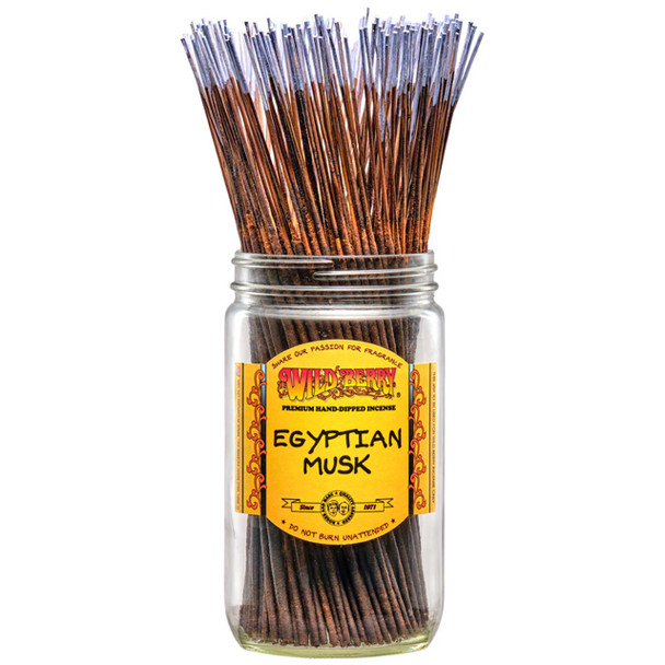 100 Egyptian Musk-scented Wild Berry Traditional Incense Sticks in a labeled jar with their signature black-colored sticks with purple tips emerging at the top.
