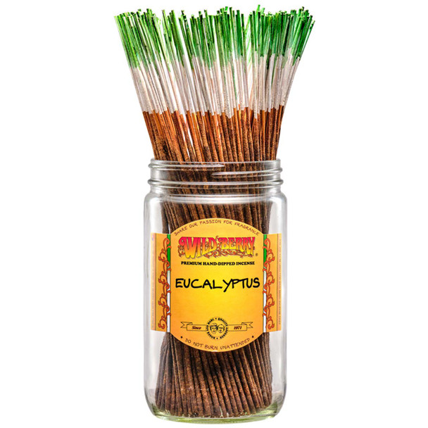 100 Eucalyptus-scented Wild Berry Traditional Incense Sticks in a labeled jar with their signature white-colored sticks with dark green tips emerging at the top.