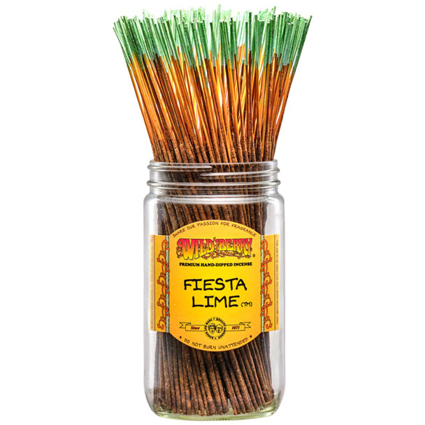 100 Fiesta Lime-scented Wild Berry Traditional Incense Sticks in a labeled jar with their signature light green-tipped sticks emerging at the top.