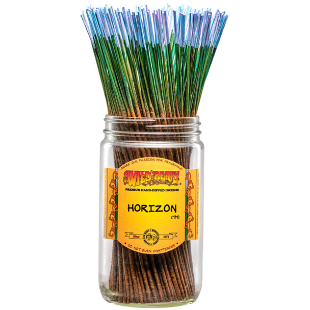 100 Horizon-scented Wild Berry Traditional Incense Sticks in a labeled jar with their signature dark blue and purple colored sticks emerging at the top.