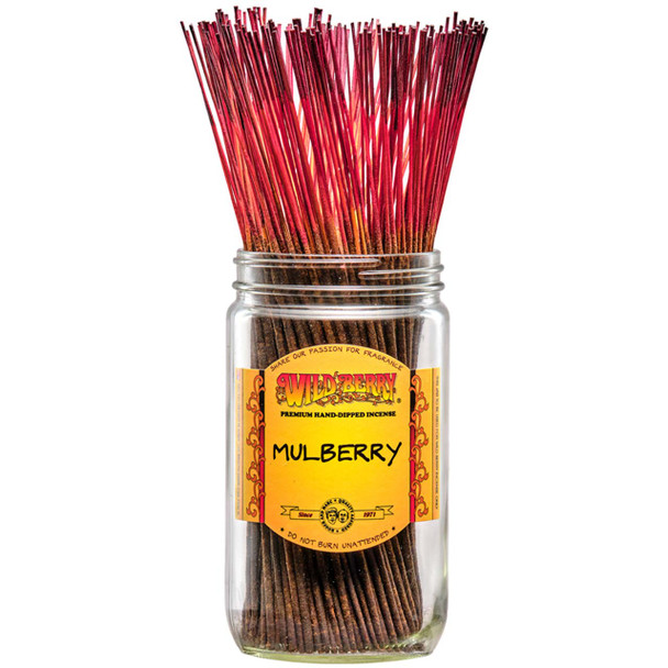 100 Mulberry-scented Wild Berry Traditional Incense Sticks in a labeled jar with their signature pink and black sticks emerging at the top.