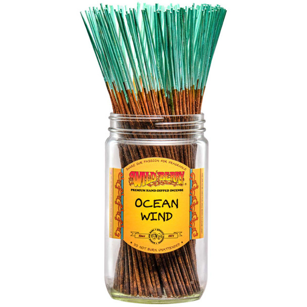 100 Ocean Wind-scented Wild Berry Traditional Incense Sticks in a labeled jar with their signature blue-green sticks emerging at the top.