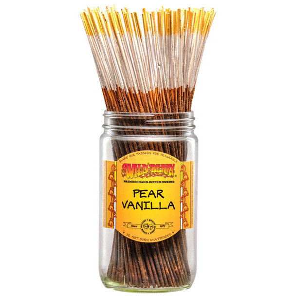 100 Pear Vanilla-scented Wild Berry Traditional Incense Sticks in a labeled jar with their signature white and yellow-colored sticks emerging at the top.
