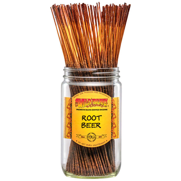 100 Root Beer-scented Wild Berry Traditional Incense Sticks in a labeled jar with their signature brown-tipped glittery sticks emerging at the top.