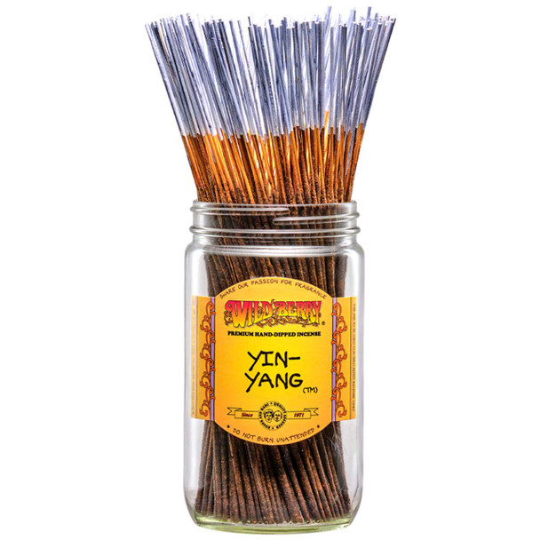 100 Yin Yang-scented Wild Berry Traditional Incense Sticks in a labeled jar with their signature purple-colored sticks emerging at the top.