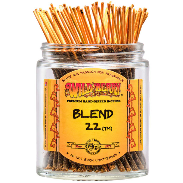 100 Blend 22-scented Wild Berry Shorties Incense Sticks in a labeled jar with their signature uncolored, natural sticks sticking out at the top.