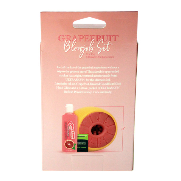 GoodHead grapefruit set with UltraSkyn open ended stroker slick head glide and refresh powder back of box.
