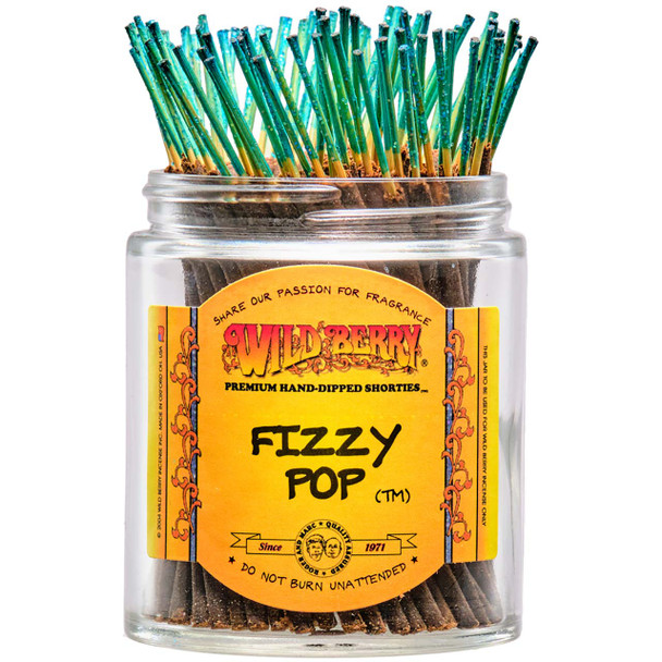 100 Fizzy Pop-scented Wild Berry Shorties Incense Sticks in a labeled jar with their signature blue-colored glittery sticks emerging at the top.