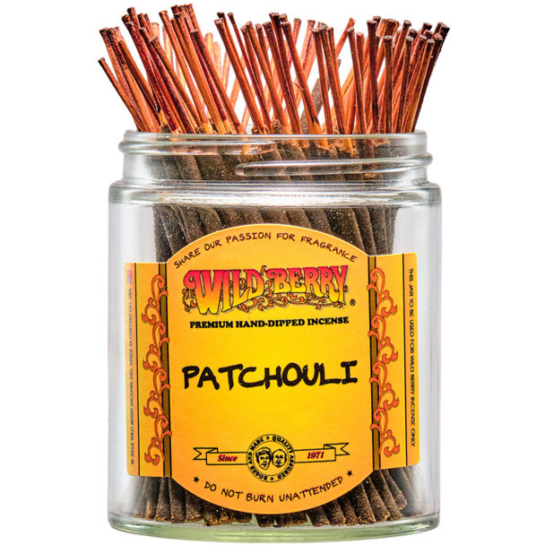 100 Patchouli-scented Wild Berry Shorties Incense Sticks in a labeled jar with their signature brown-colored sticks emerging at the top.