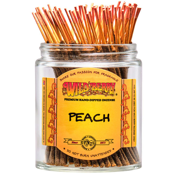 100 Peach-scented Wild Berry Shorties Incense Sticks in a labeled jar with their signature peach-colored sticks emerging at the top.