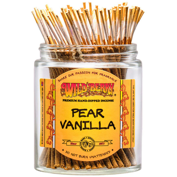 100 Pear Vanilla-scented Wild Berry Shorties Incense Sticks in a labeled jar with their signature white-colored sticks with yellow tips emerging at the top.